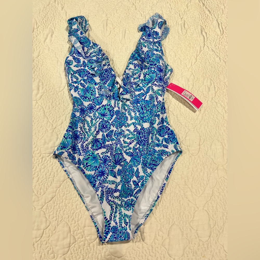 Floral Blue One-Piece Swimsuit with Ruffle Straps